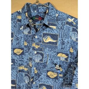 Vintage Disney Mens Large Mickey Mouse Hawaiian Shirt blue seashell 90s Beach